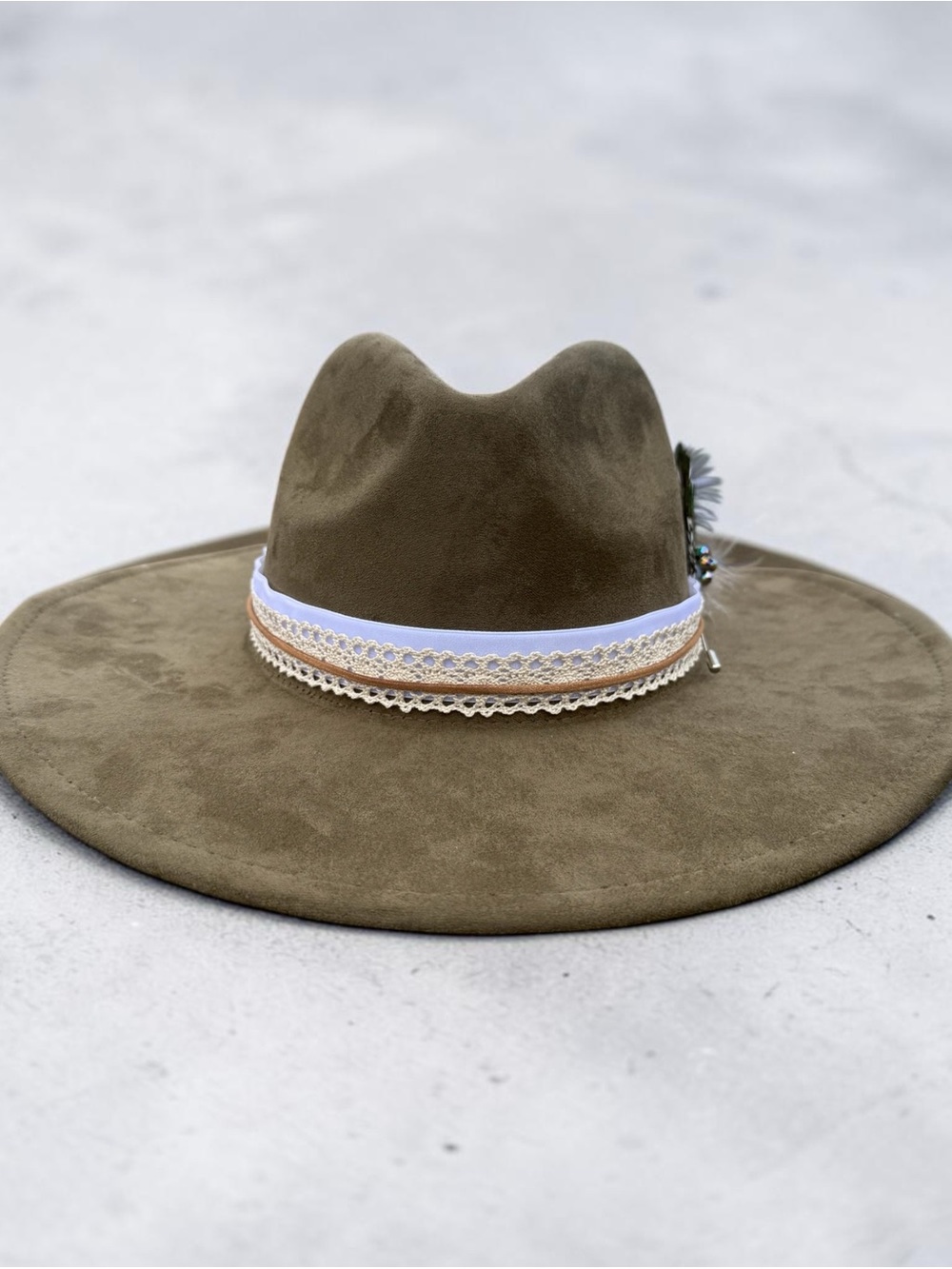 Olive Wide-Brim Suede Fedora with Decorative Lace Band